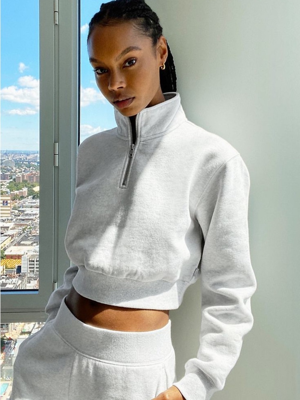 Aritzia Cropped Quarter-Zip Pullover Sweatshirt - heather birch